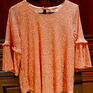 Lauren Conrad Rose Gold Sequin Ruffled Blouse, size S Pink Mesh